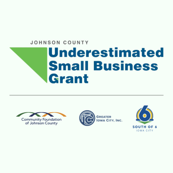 Johnson County Underestimated Small Business Grant (JCUSBG) logos along with Community Foundation of Johnson County (CFJC) logo, Greater Iowa City Inc logo, and South of 6 Business District logo